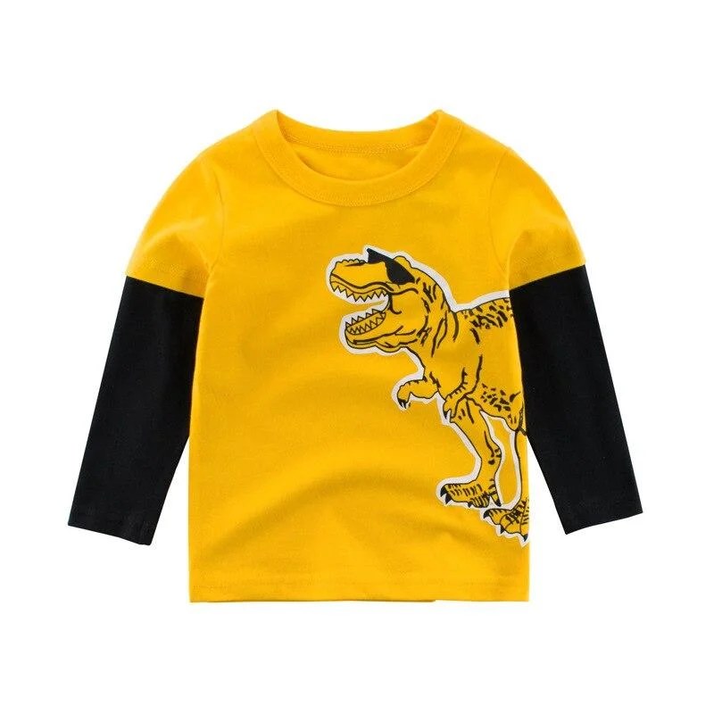 2-8 Years Kids T-shirts Boys Dinosaur Print Tops Girls Splice Long Sleeve T Shirt Children Autumn Winter Solid Cotton Sweatshirt