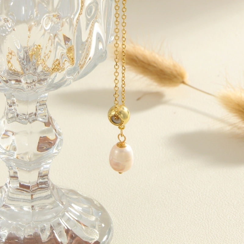 Minimalist Oval Freshwater Pearl Titanium Steel Gold Plated Pendant Necklace