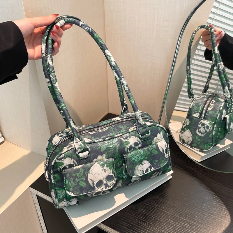 Halloween Women’s Flower Skull Streetwear Square Zipper Shoulder Bag