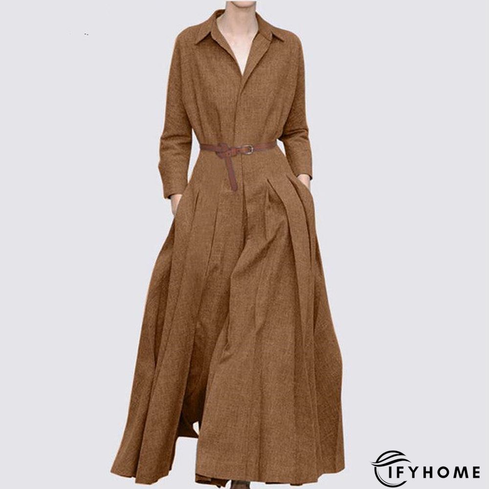 Women's A Line Solid Formal Ruched Lace up Pocket Collar Loose Maxi Dress | IFYHOME