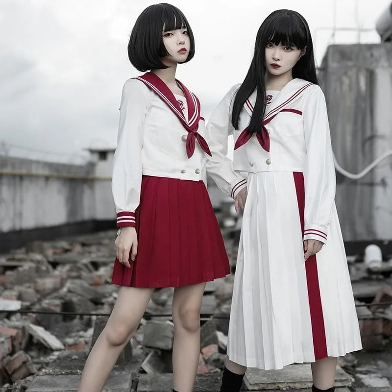 Gothic Long/Short Sleeve Girls High Waist White Sailor Skirts Set SP110