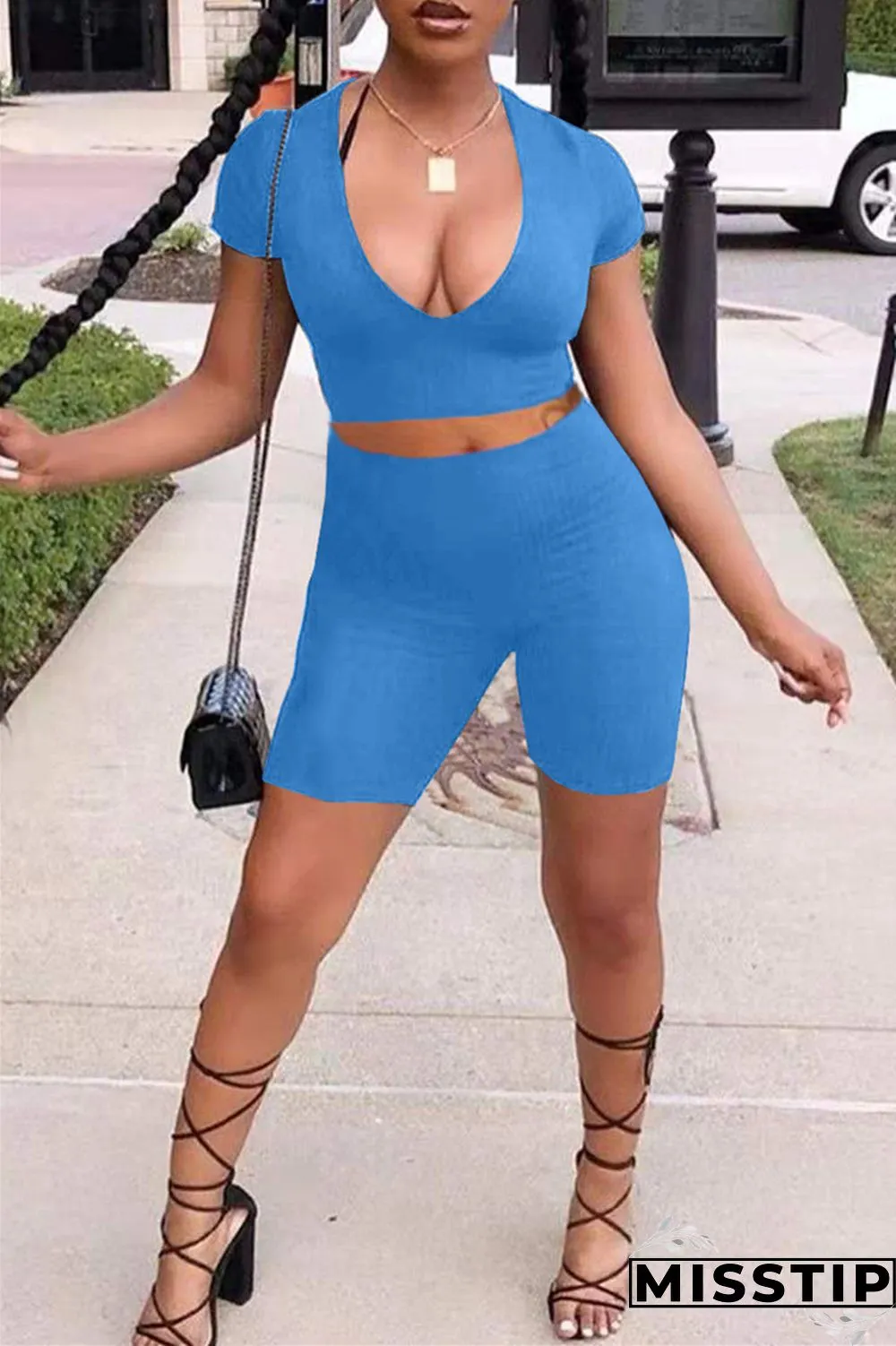 Orange Fashion Casual Solid Basic V Neck Short Sleeve Two Pieces