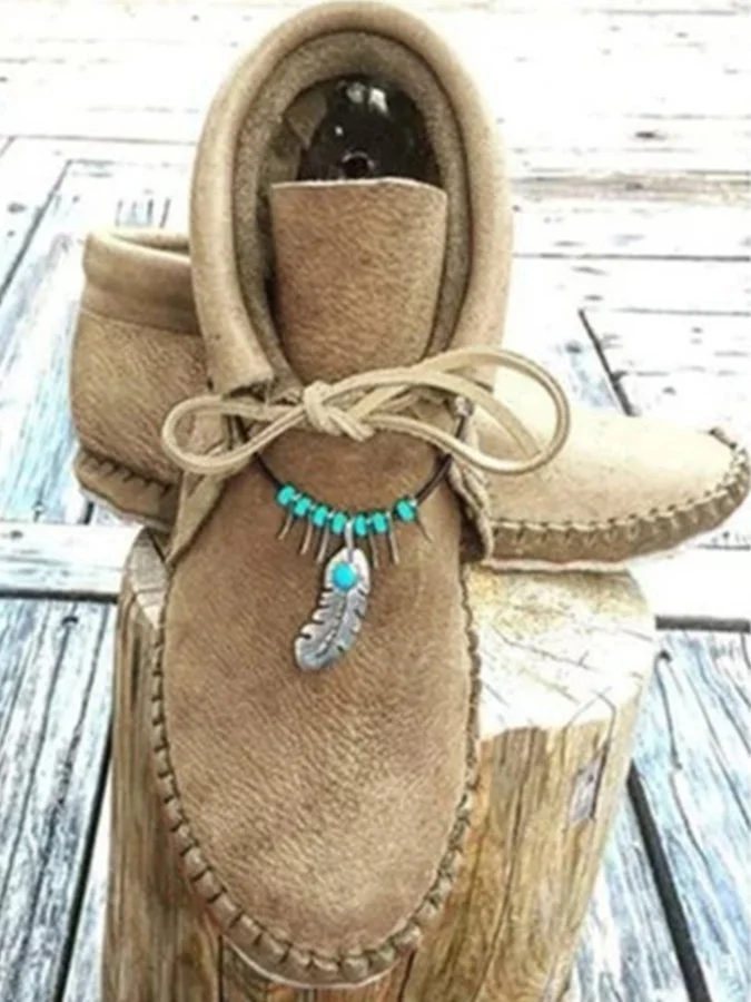 Women's ethnic style flat round toe short boots