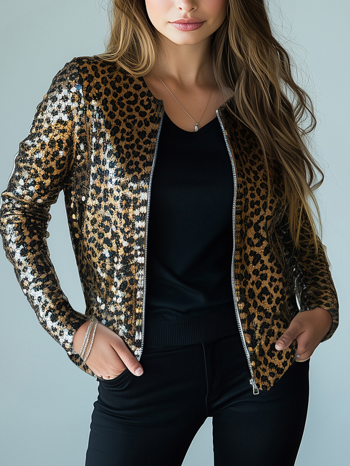 Ursime Sequin Leopard Zipper Long Sleeve Jacket