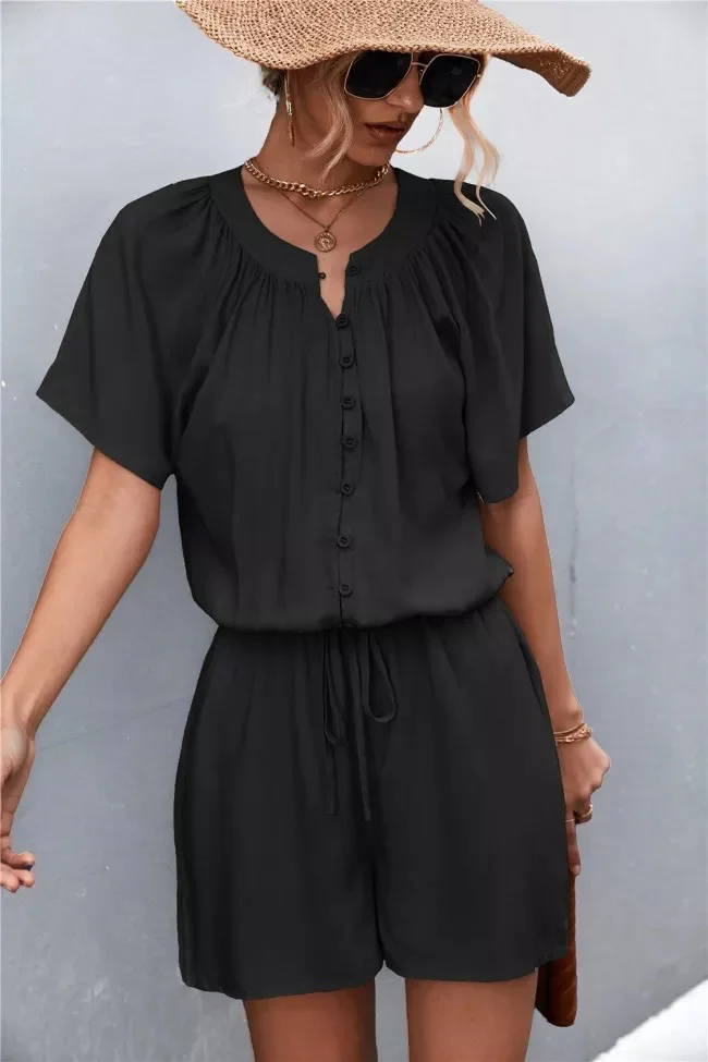 Buttoned Drawstring Waist Short Romper