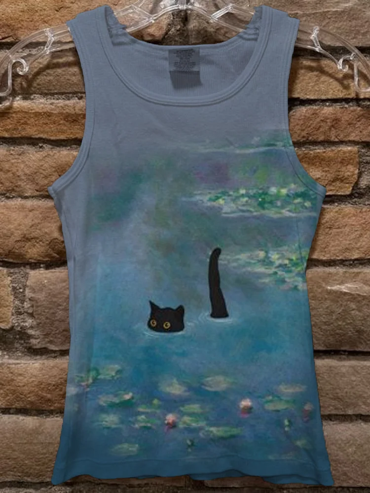 Women's Black Cat Water Lily Art Print Casual Tank Top