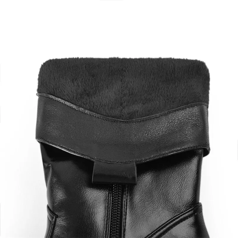 Onlymaker Women Pointed Toe Mid-Calf Boot Matte Black Sewing Embroidered Thick Heels Zipper Winter Cowboy Boots Big Size