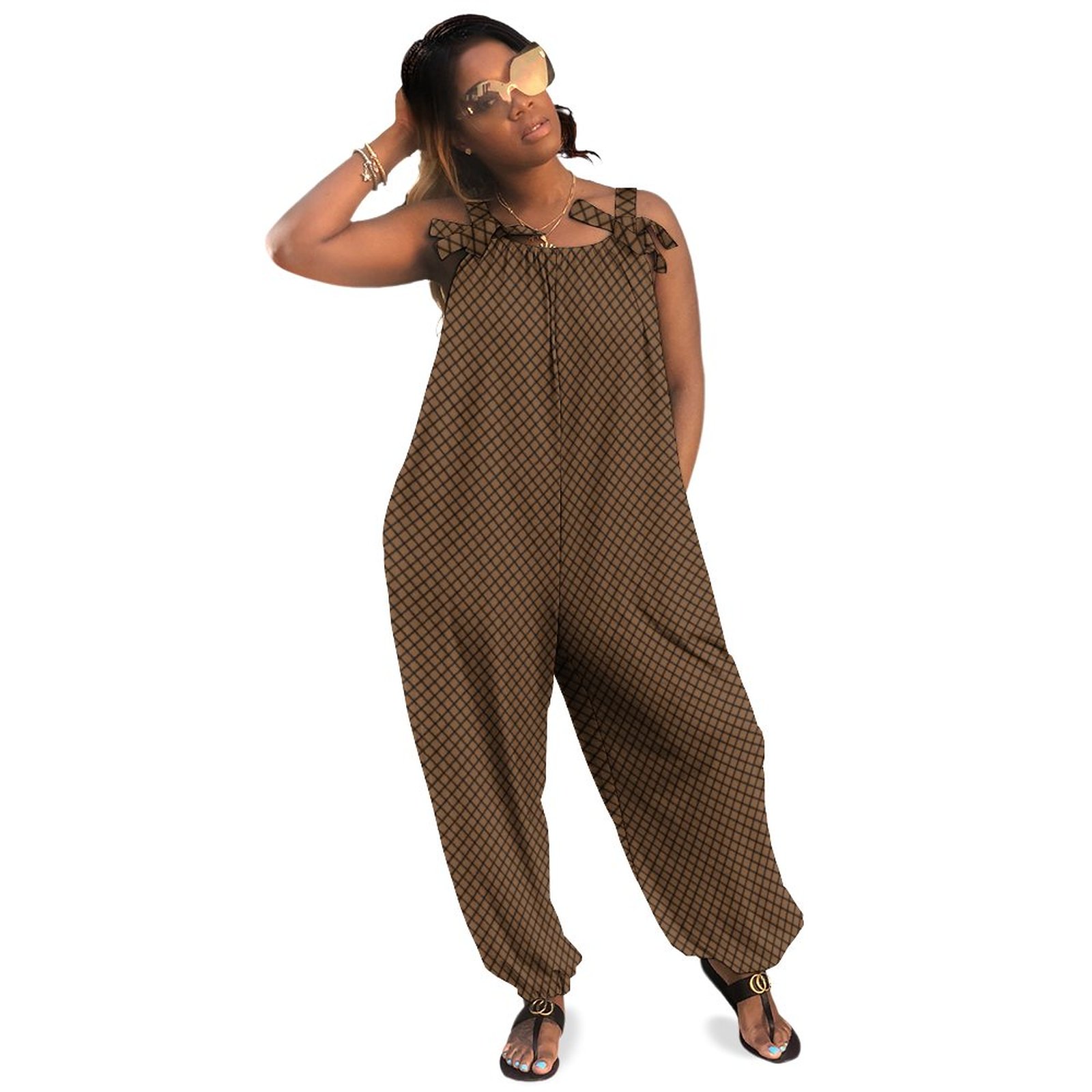 Fishnet Look Dark Tan Women Plus Size Jumpsuit Summer Loose Harem Pants Pockets Sparkly Romper Overall Dressy Boho Casual Natural Waist
