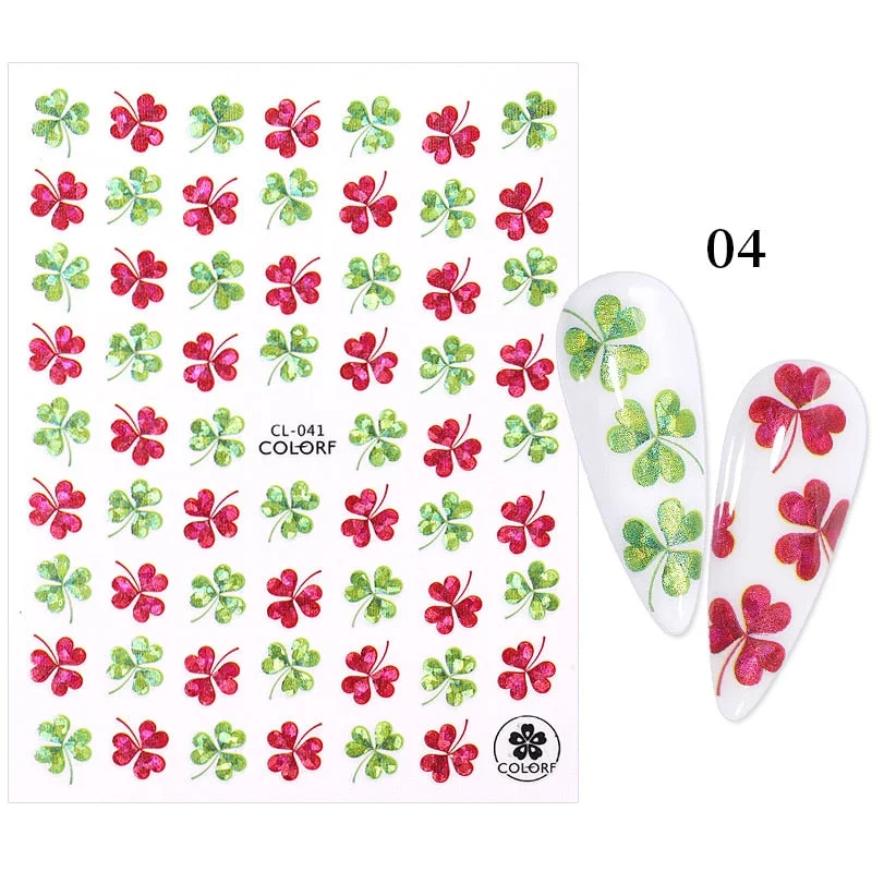 3D Nail Stickers Fan Leaf Dried Flower Shiny Sliders Nail Art Decorations Lucky Clover Fashion Foil Manicures