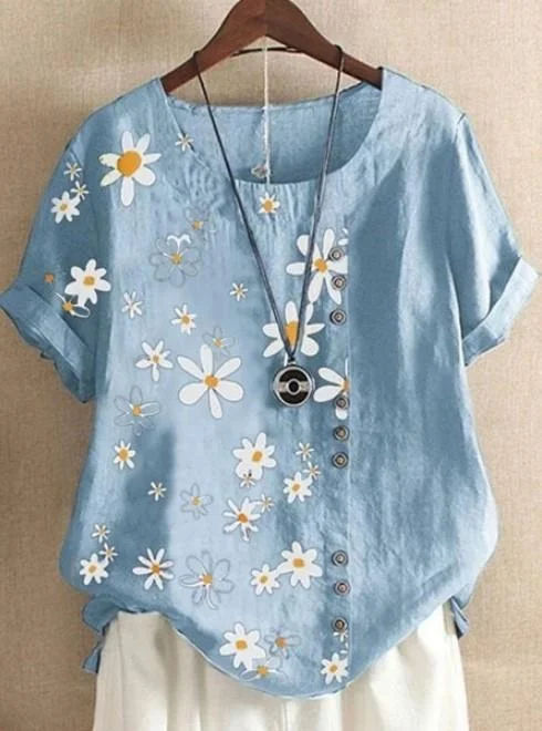 Retro cotton linen daisy flower loose casual shirt short sleeves