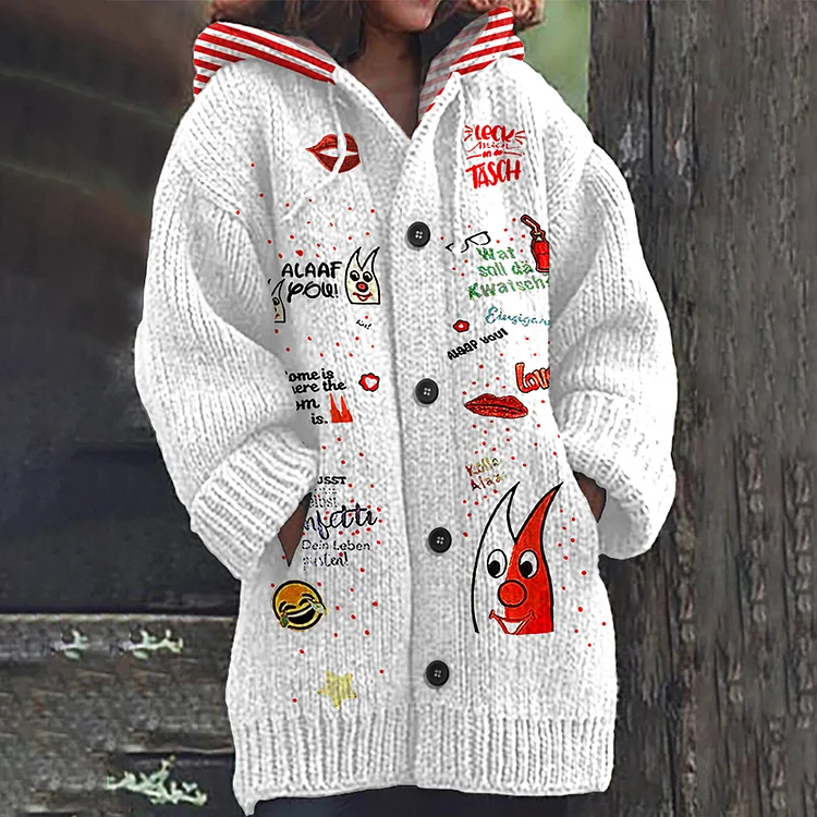 VChics KÖLner Karneval Graphic Casual Hooded Knitted Sweater Cardigan