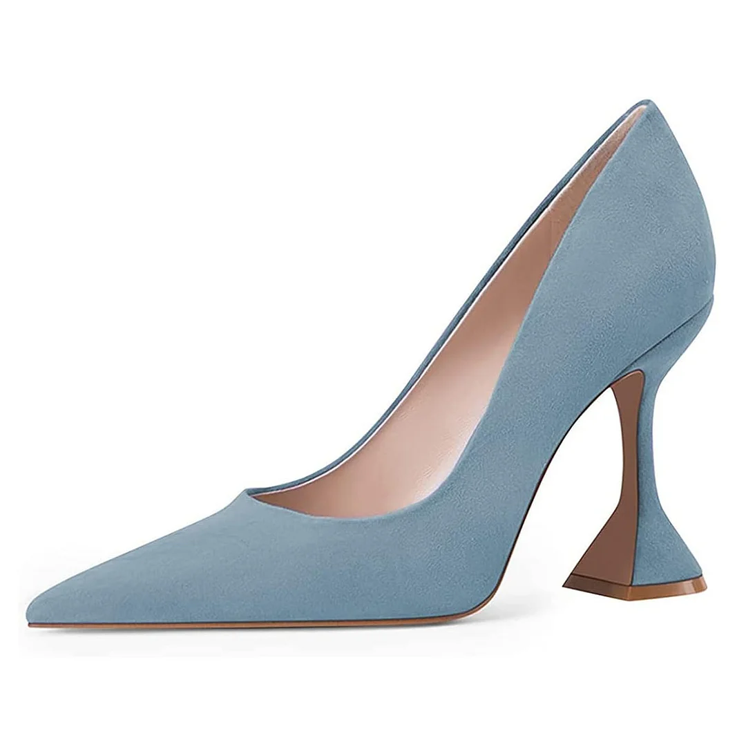 Light Blue Vegan Suede Pointed Toe Pumps Shoes with Flared Heel