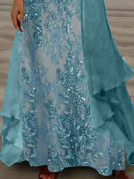 Women's Long Sleeve V-neck Floral Printed Two Pieces Maxi Dress