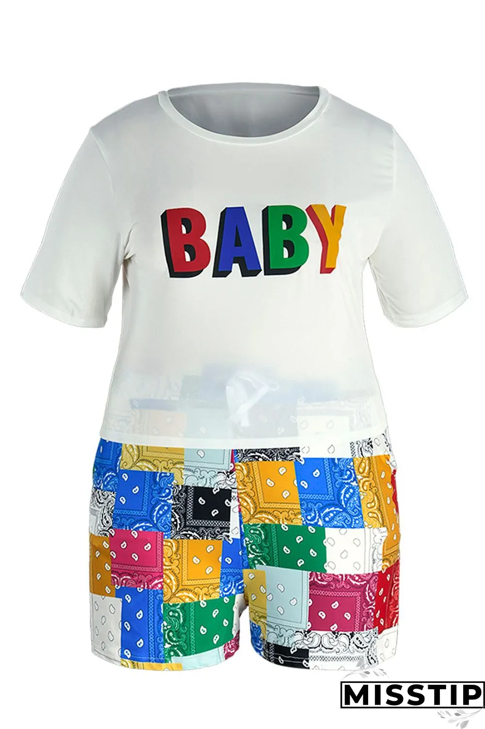 Yellow Casual Print Patchwork O Neck Plus Size Two Pieces