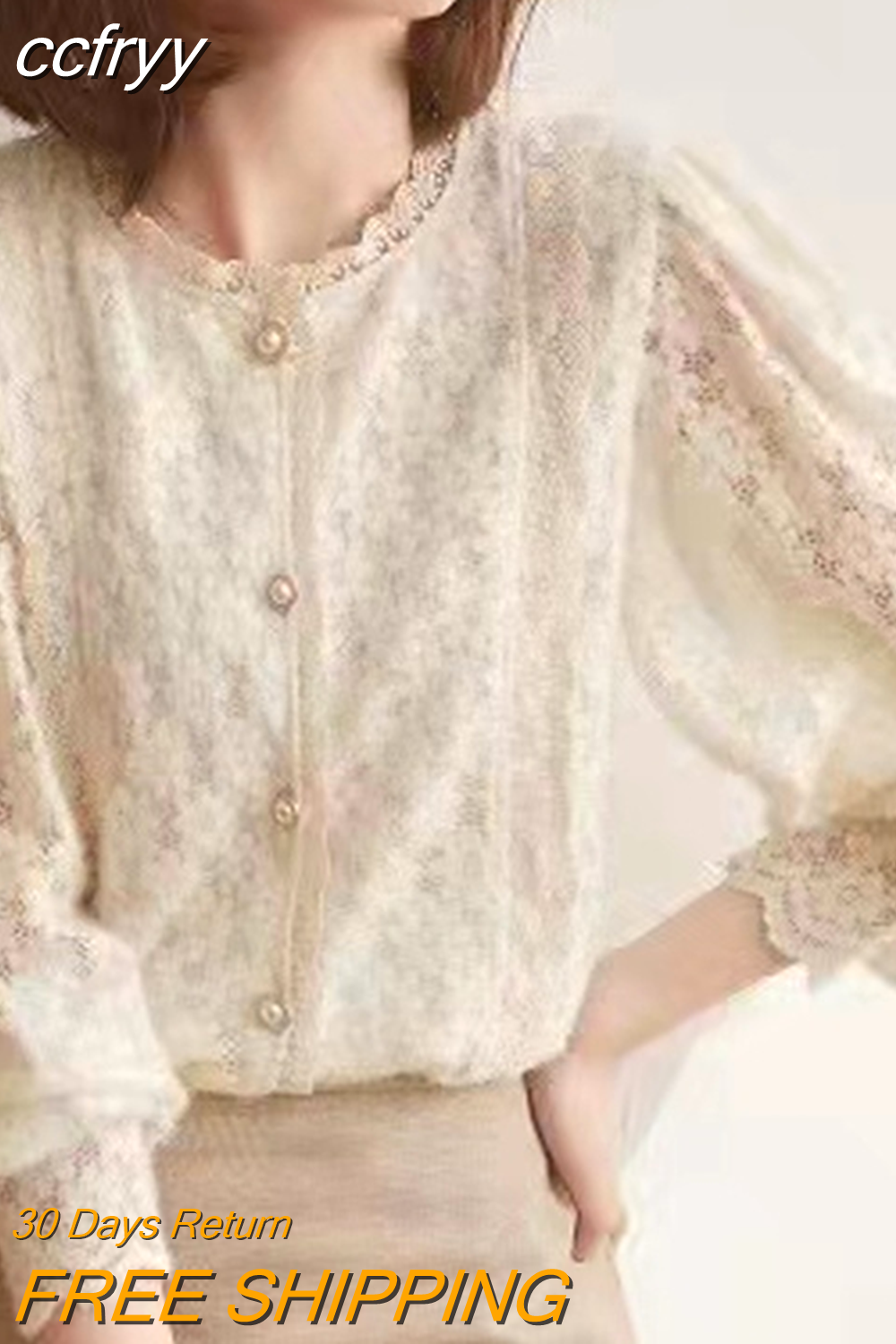 Huibahe Lace Crochet Women's Blouse Sweet Autumn Vintage Flowers Button Shirt O Neck Casual Loose Long Sleeve Blouses Tops 16619