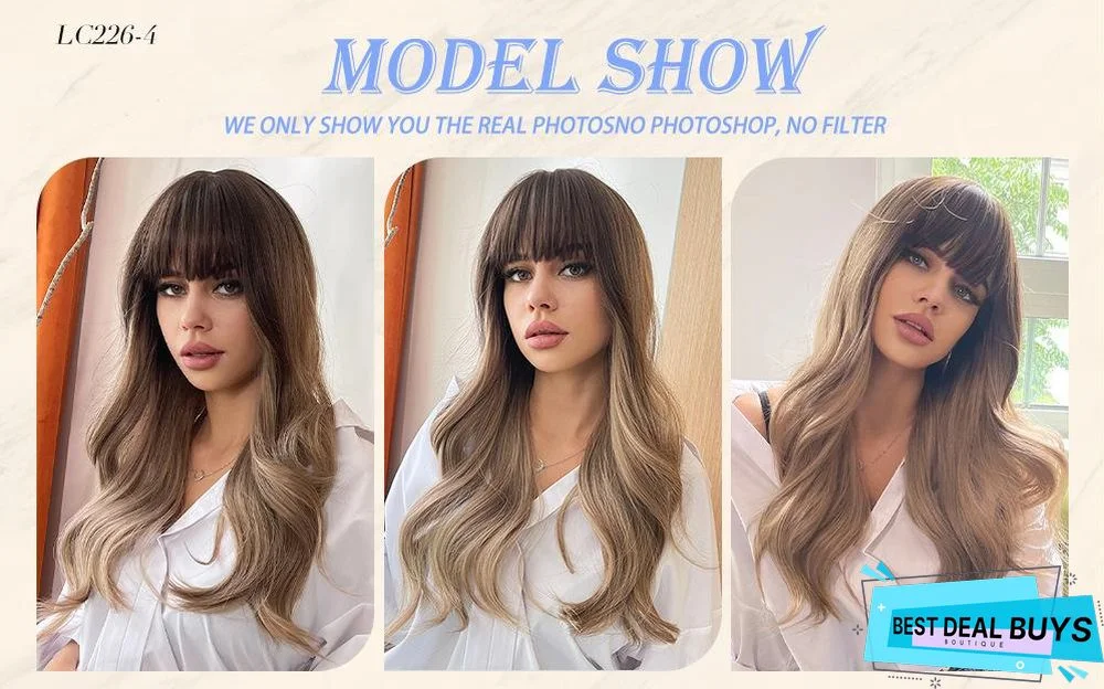 Long Brown Wigs with Bangs Wave Synthetic Wigs For Women