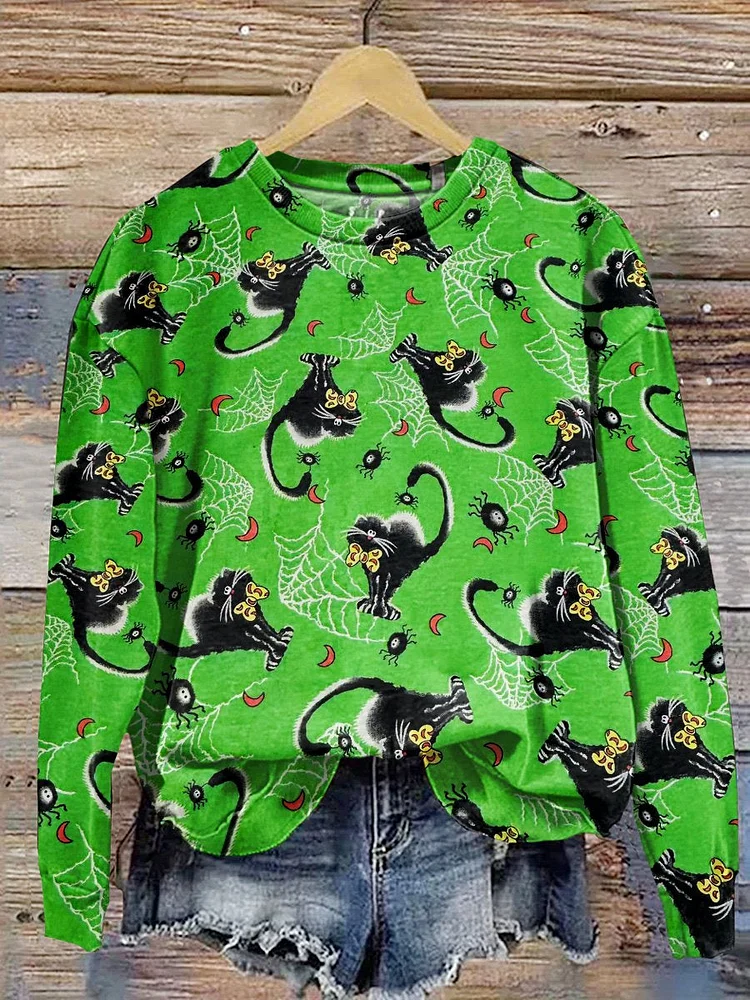 Retro Halloween Cat  Art Print Casual  Sweatshirt