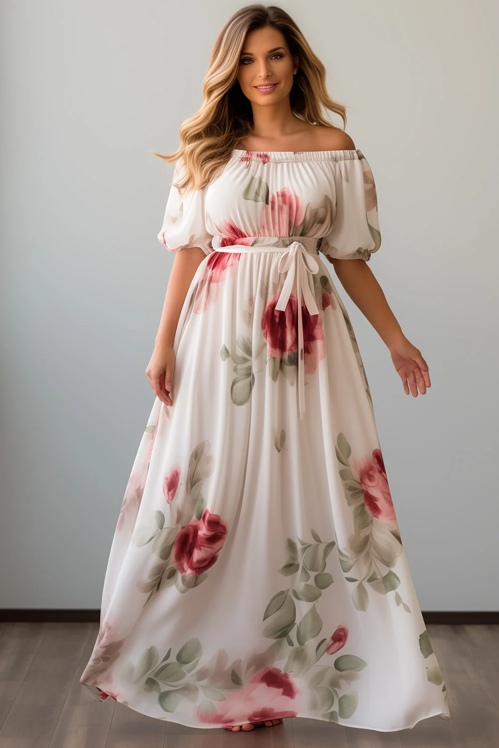 Flycurvy Plus Size Wedding Guest White Chiffon Floral Print Off The Shoulder Puff Sleeve Maxi Dress