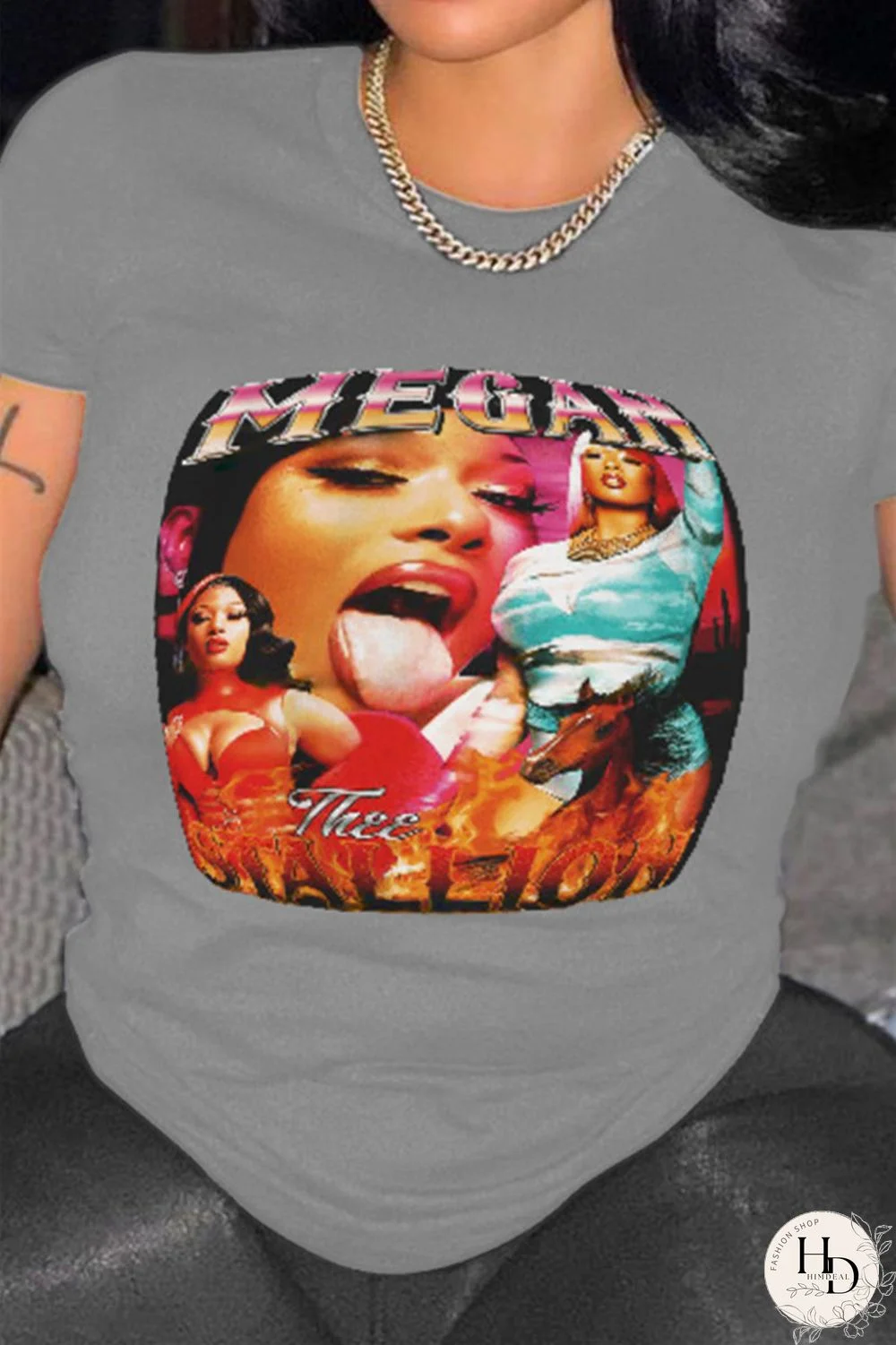Grey Fashion Casual Print Basic O Neck T-Shirts