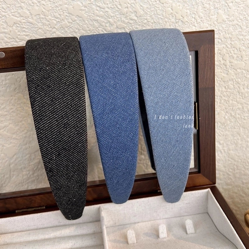 Korean Style Solid Color Retro Wide-brimmed Denim Headband White Preppy Style Out Headband Hair Pressing Headdress For Women