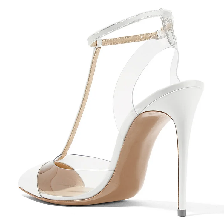 White Clear Ankle Strap T-Strap Sandals Vdcoo