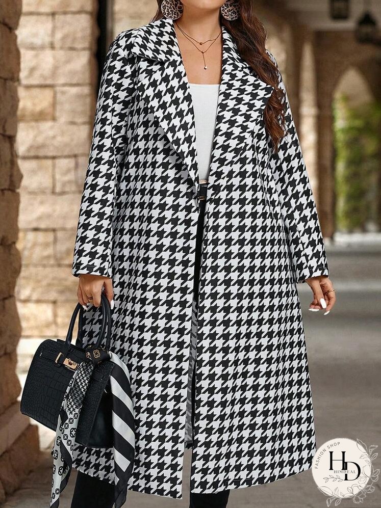 Plus Size Women Lapel Neck Plaid Wool Blend Jacket, Casual Daily Wear