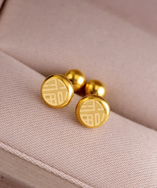 Fine Gold Stainless Steel Fu Character Stud Earrings