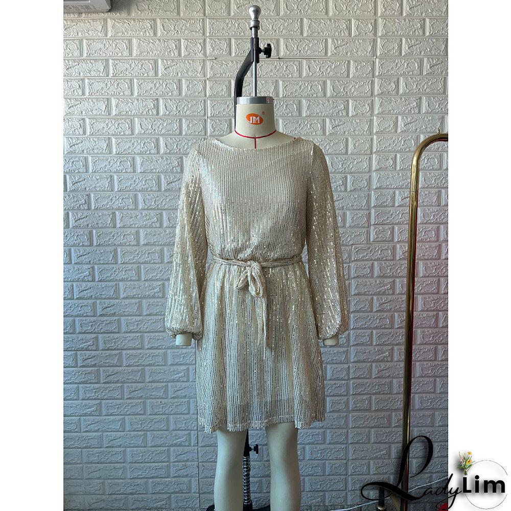 Women Casual Solid Lace-Up Sequin Embroidery Dress
