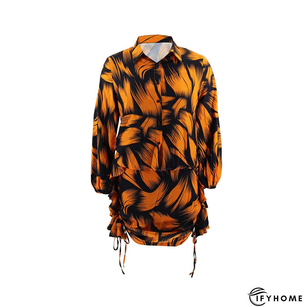 Printed Puff Sleeve Shirt Short Skirt Plus Size Two-Piece Set | IFYHOME