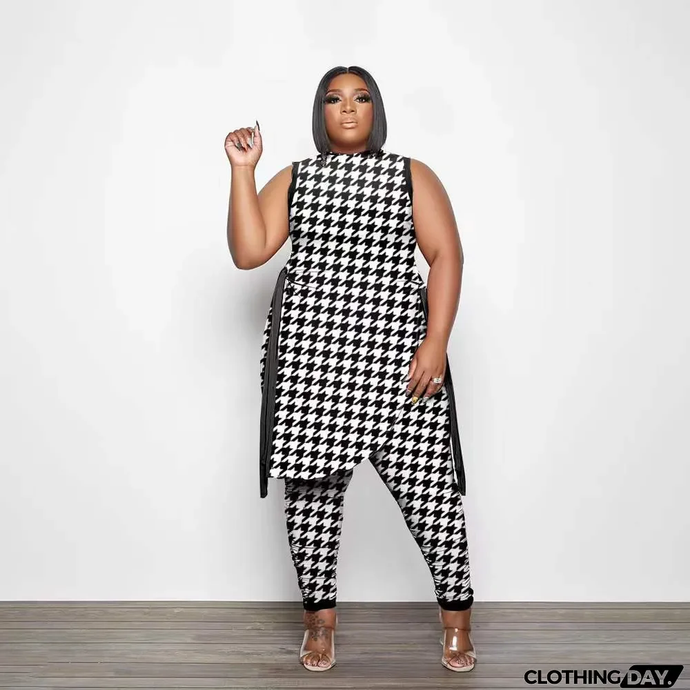 Plus Size Printed Split Sleeveless Top And Pants Set