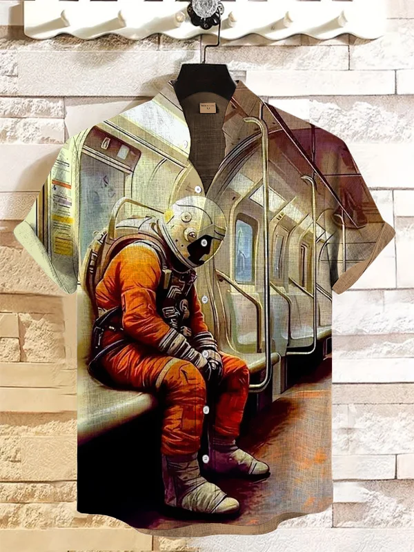 Men's Astronaut In The Subway Print Casual Shirt