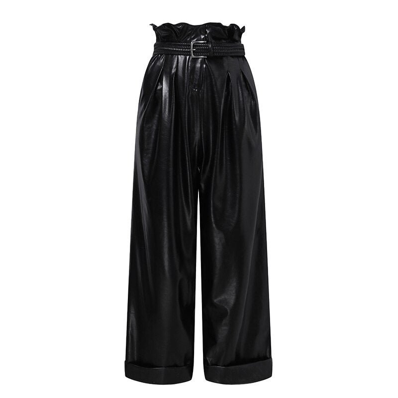 Oversized Women PU Leather Pants ZANZEA 2022 Spring Autumn Ruffle High Waist Wide Leg Pants Casual Solid Pleated Pockets Palazzo