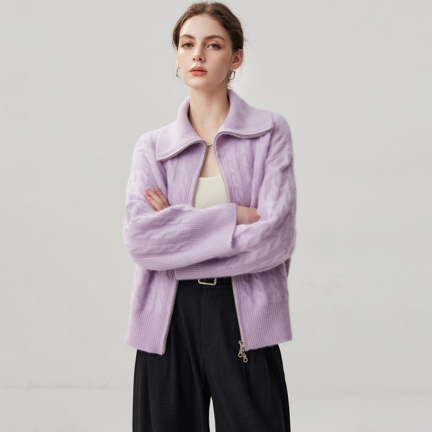 Women's Baby Cashmere Jacket Relaxed Fit Funnel-Neck Zip-Front REAL SILK LIFE