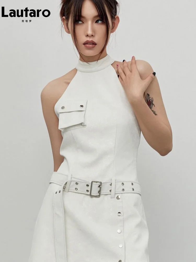 Huiketi Spring Summer Sleeveless White Crocodile Print Faux Leather Halter Dress Women with Belt Retro Runway Fashion Clothes