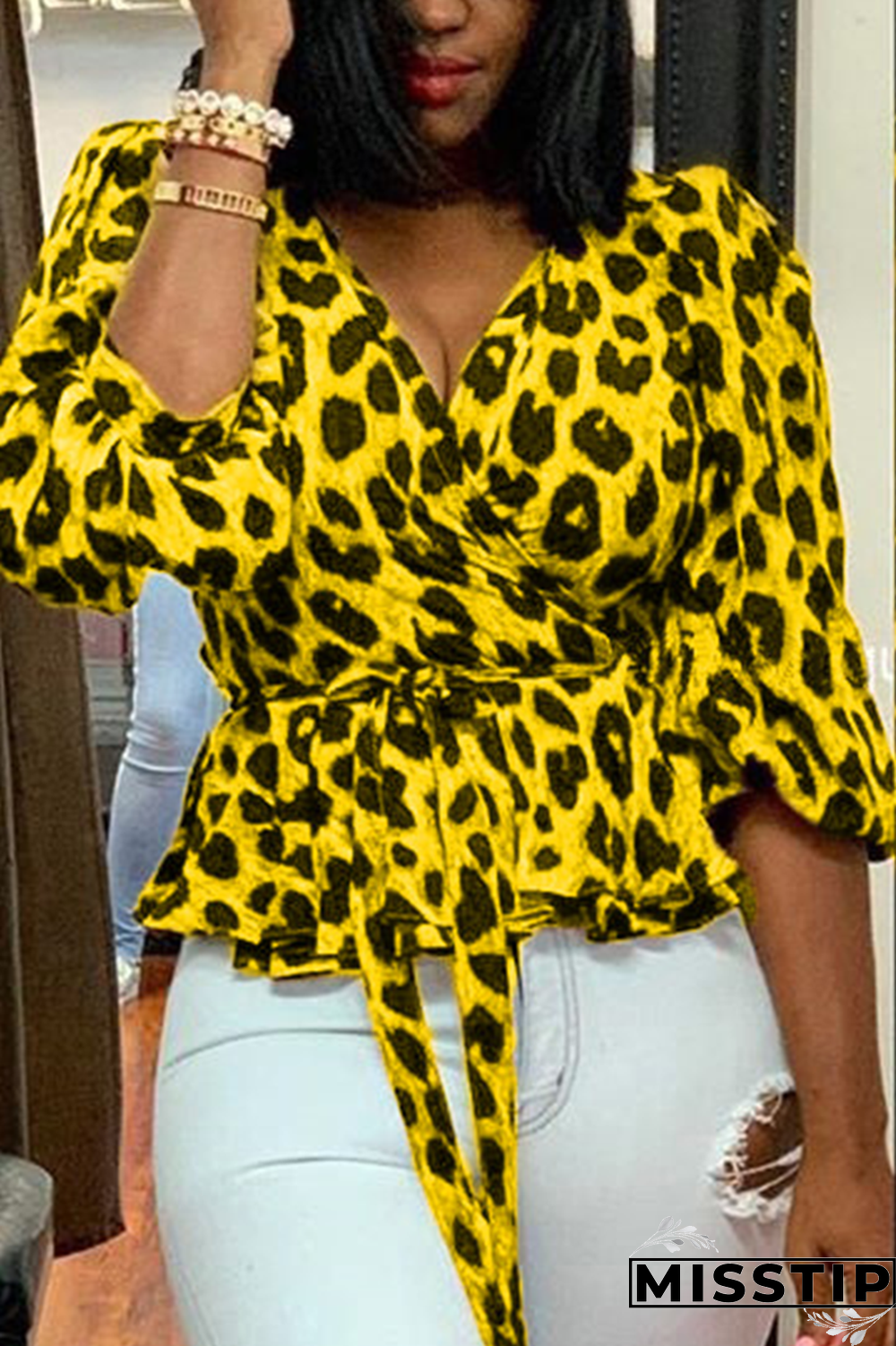 Grey Street Leopard Bandage V Neck Tops