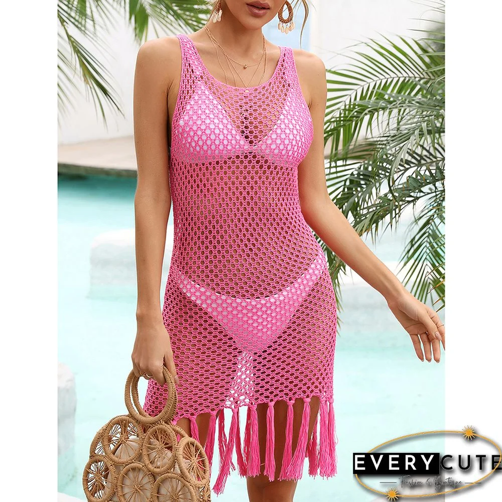Rose Tassel Knitted Hollw-out Sleeveless Beach Cover