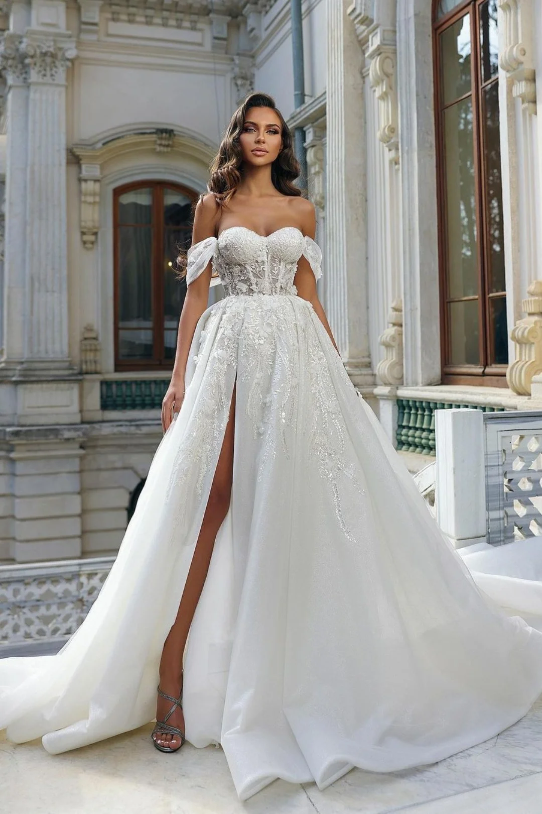 Lisliy Lace White Wedding Dress Off-the-shoulder With High Slit Sleeveless 