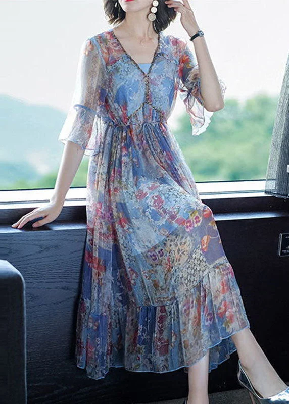 Blue Print Chiffon Long Dresses Cinched Exra Large Hem Summer