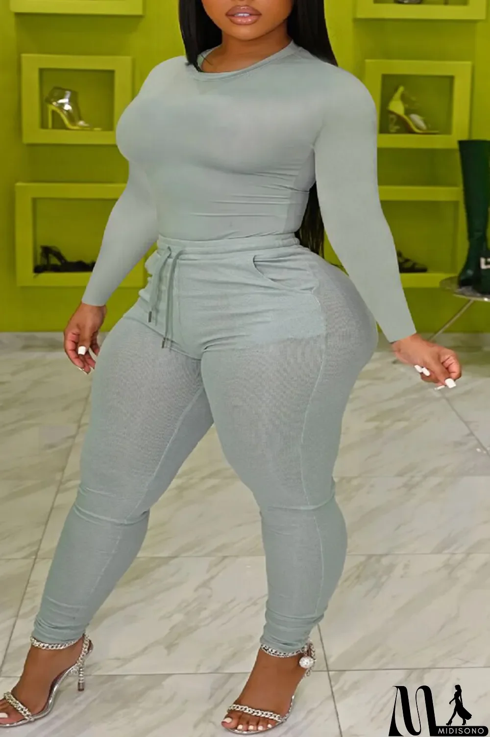 MidiSono - Apricot Fashion Casual Solid Basic O Neck Plus Size Two Pieces