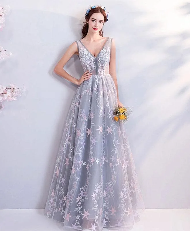Gray V Neck Lace Long Prom Dress, Gray Evening Dress