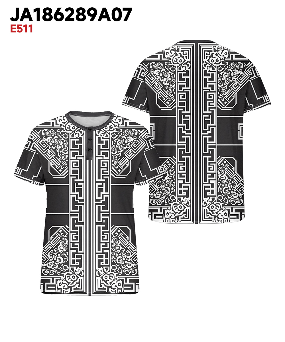 Men's Plus Size Casual Daily Black Vintage Pattern Printed Henry Collar Button Short Sleeve T-Shirt