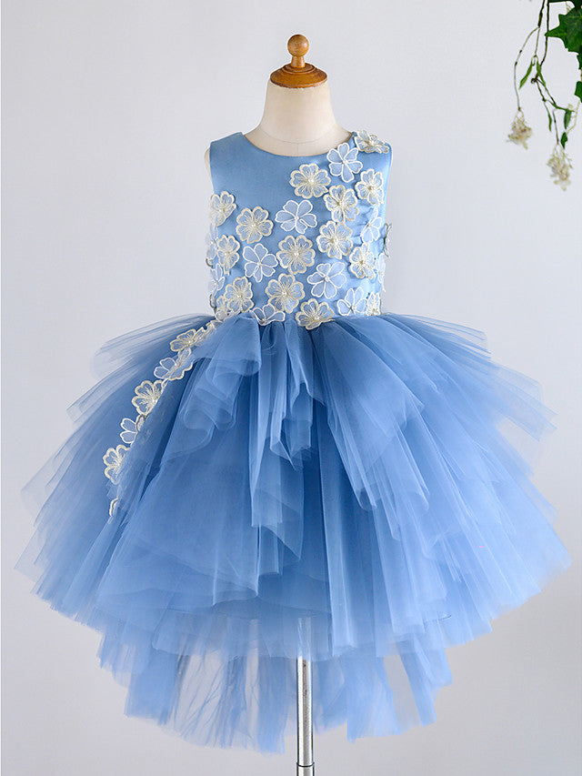 Oknass Ball Gown  Sleeveless Jewel Neck Flower Girl Dress Satin Tulle With Pearls