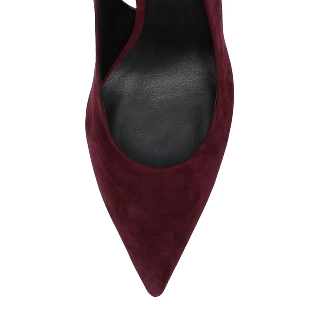 Faux Suede Pointed Slingback Rhinestone Embellished Pumps in Maroon