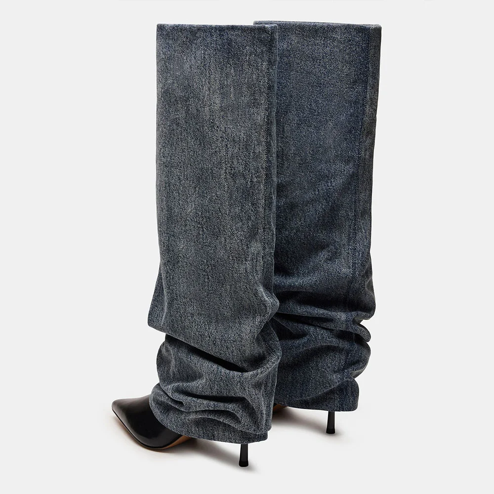 Women's Black & Blue Stiletto Heel Fold Over Slouch Knee High Boots