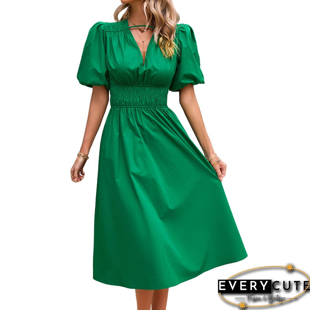 Green Solid V Neck Pleated Waist Midi Dress
