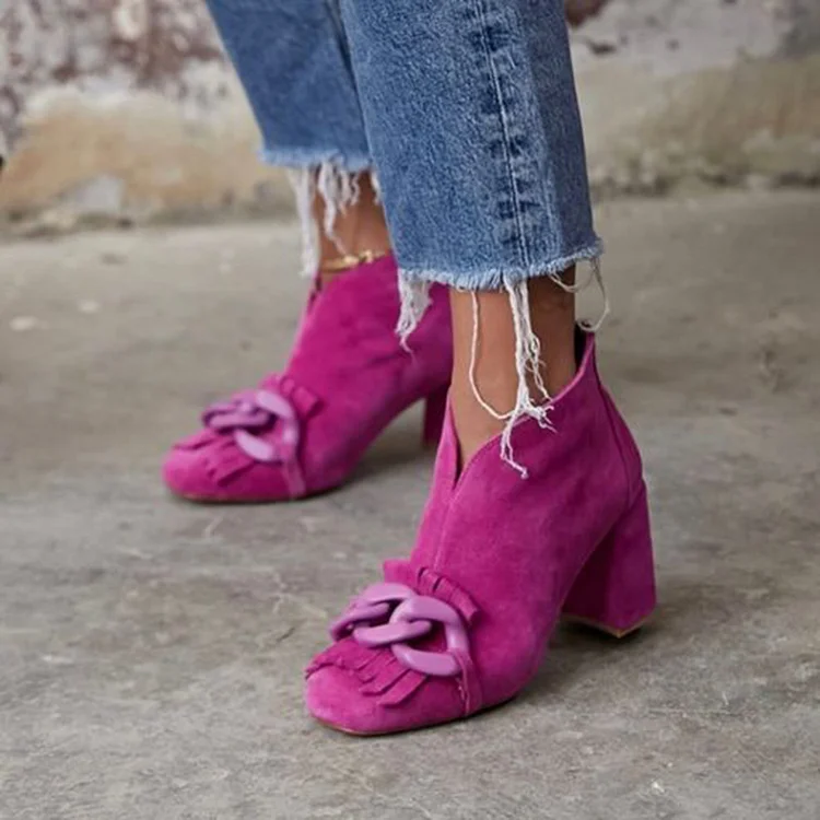 Fuchsia Round Toe Velvet Classic Low Cut Ankle Boots with Block Heel Vdcoo