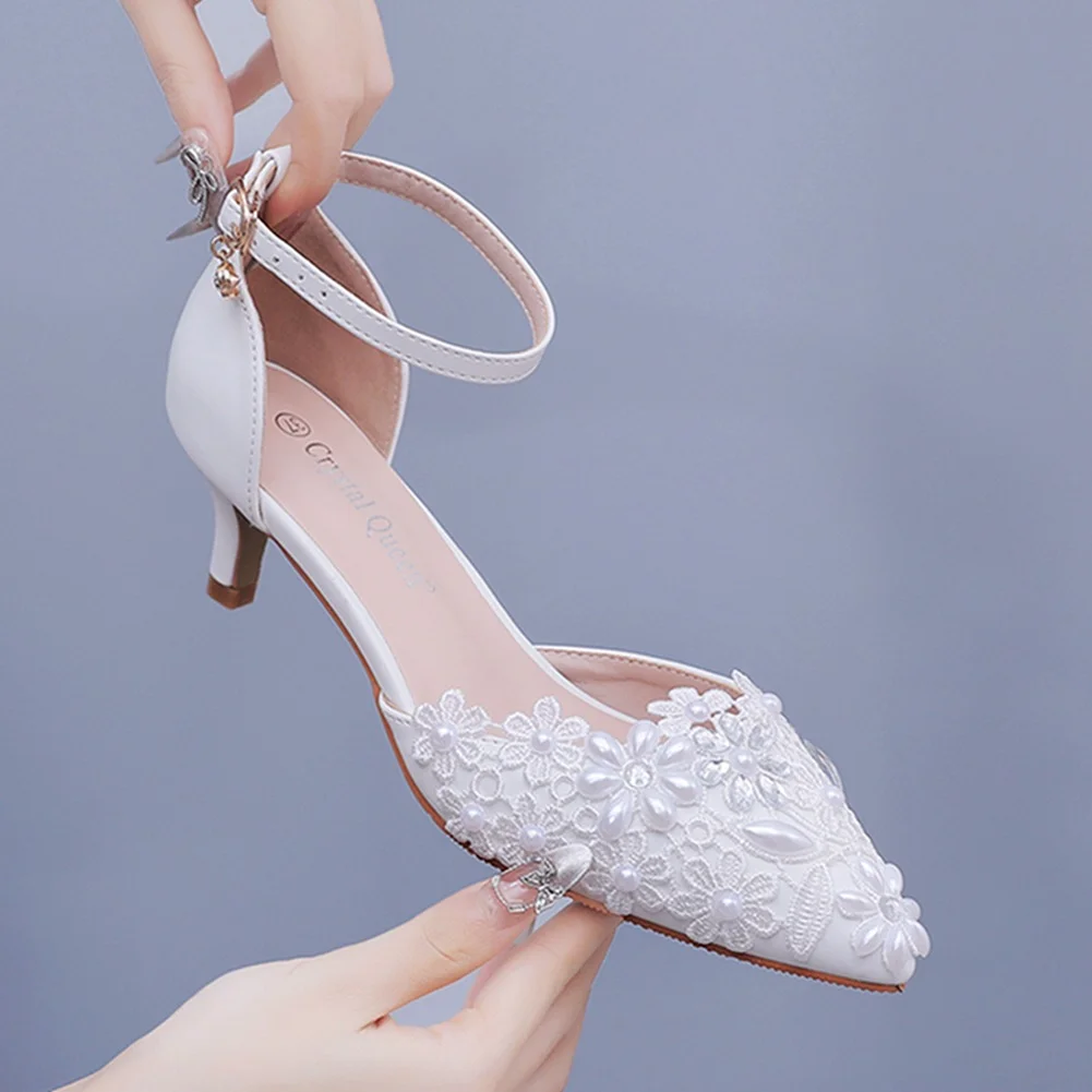 Breakj Breakj Cm Large-Size Sandals Fine-Heeled White Lace Water Diamond Wedding Shoes In The Pearl Bridal Dress Shoes