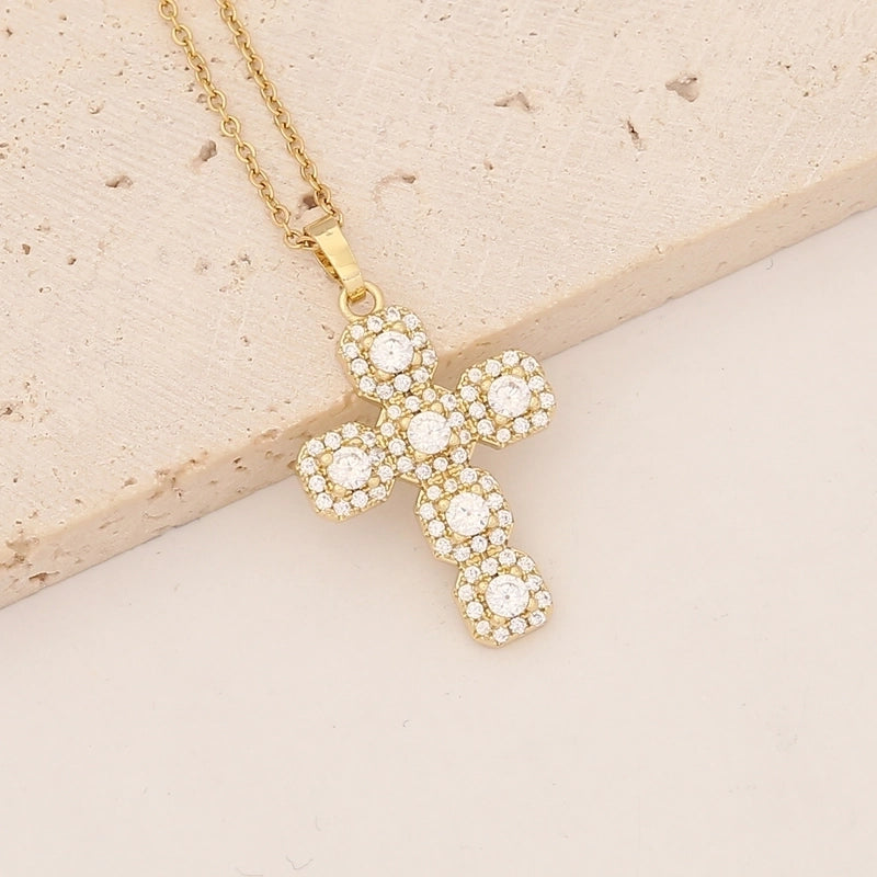 Commute Cross Copper Inlay 18K Gold Plated Zircon Pendant Necklace