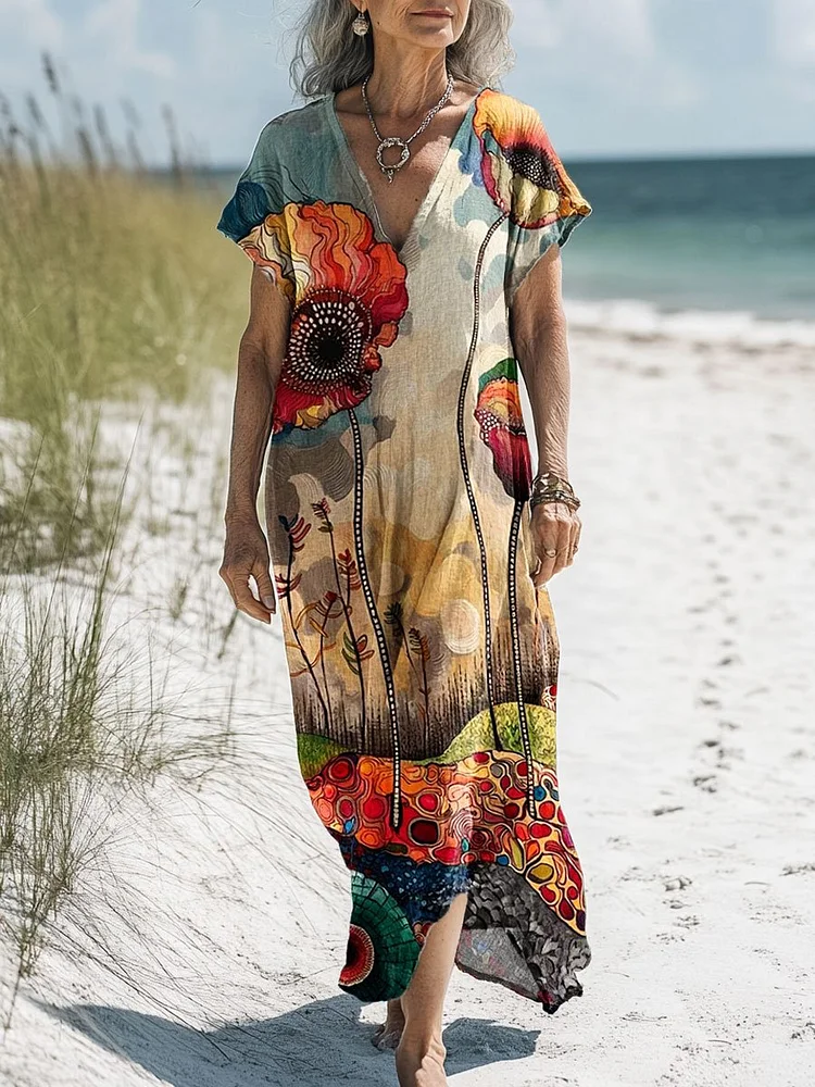 Women's Vintage Floral Art Print Pocket Cotton Dress
