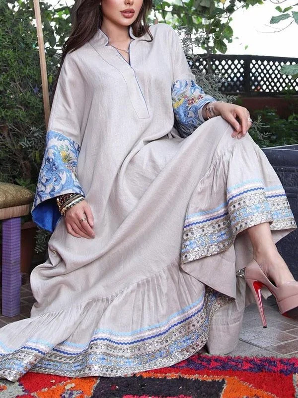 stand collar embroidery sleeve loose maxi kaftan dress فساتين